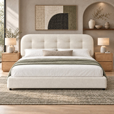 Ensemble de chambre à coucher 3 pièces, lit plateforme tapissier Boucle avec tête de lit capitonnée arrondie et 2 tables de chevet modernes à 2 tiroirs, finition bois de chêne naturel