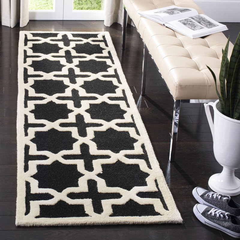 Igna Geometric Handmade Tufted Wool Black/Ivory Area Rug, Runner 2'6" x 6'