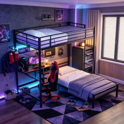Lit superposé pour enfants avec bureau et tablette de rangement pour chambre d'amis, lit superposé en métal en forme de L avec éclairage à DEL et chargement USB, simple, noir