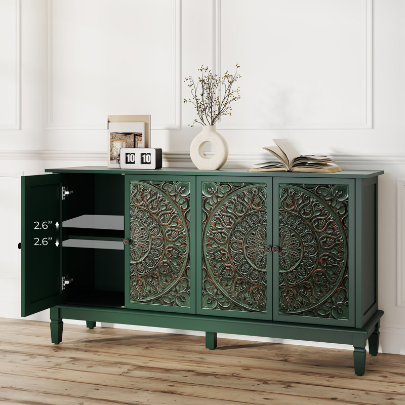 Buffet 58,3 po sculpté avec porte et pieds en bois massif, Vert