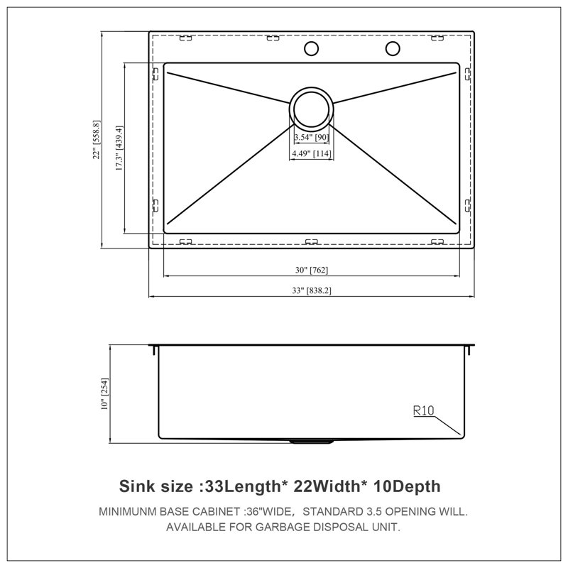 33X22 Inch Kitchen Sink Drop-In 16 Gauge Stainless Steel Single Bowl Topmount Kitchen Sink
