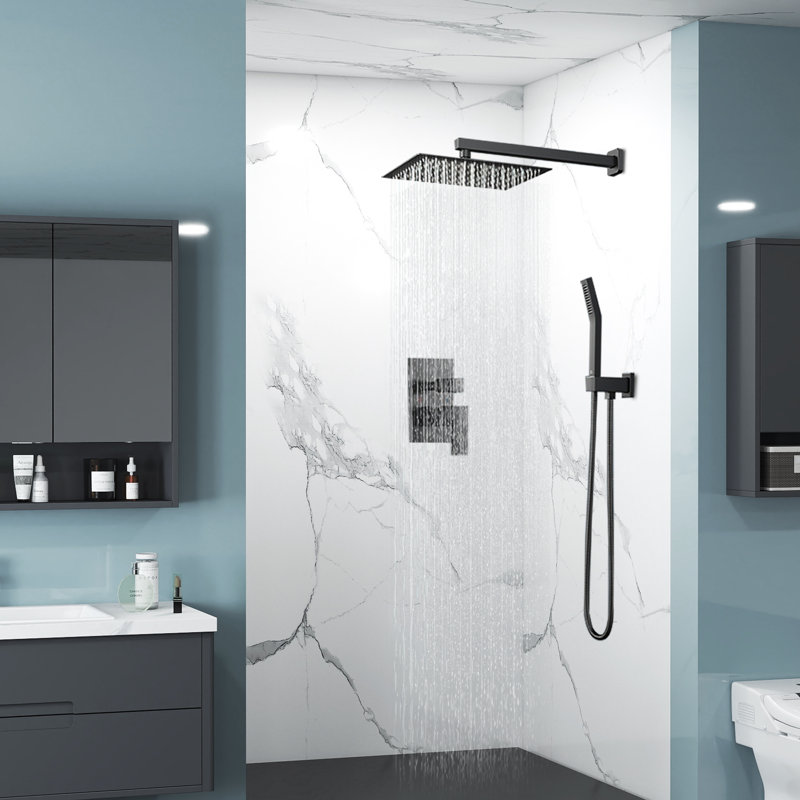 10 inch Bathroom Wall Mounted Rainfall Shower Head System with Faucet Rough-in Valve, Black