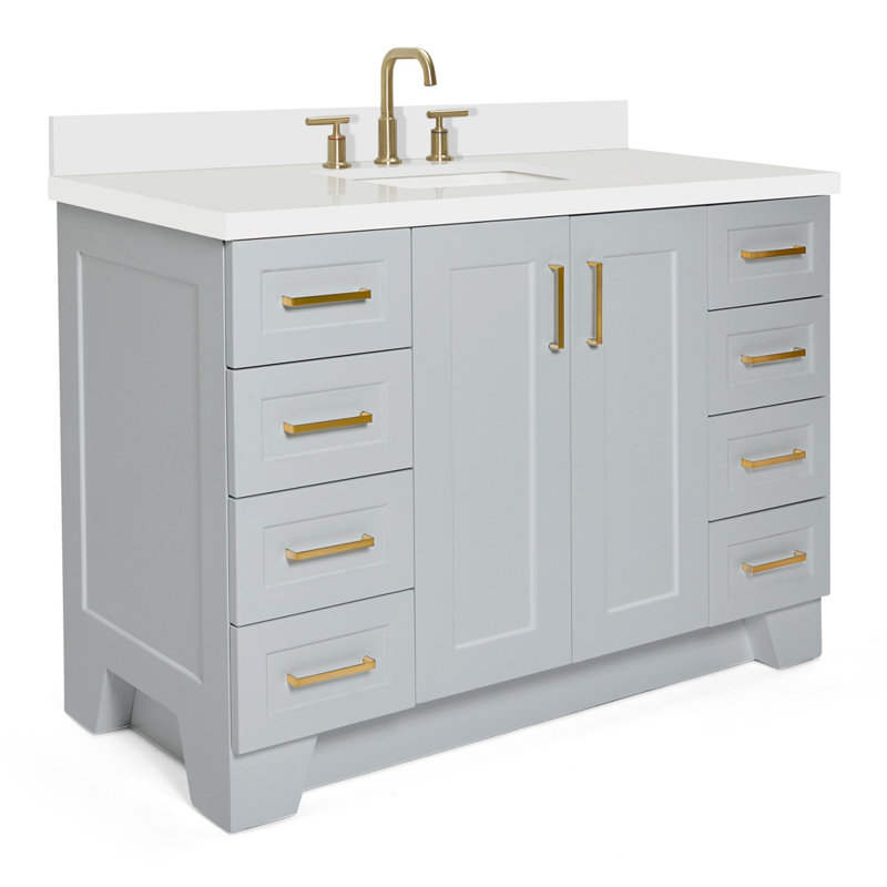 Freitas 48'' Solid Wood Single Bathroom Vanity, Gray, Rectangle, White Quartz