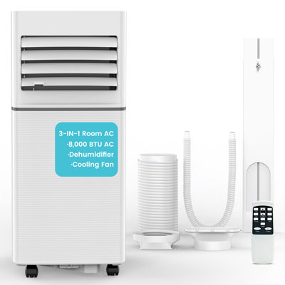 8,000 BTU Portable Air Conditioner,3-in-1 AC Cooler Dehumidifier Fan with LED Display, Remote Control, Quiet, Sleep Mode, 360° Casters, Window Kit for Room Office Apartment Garage