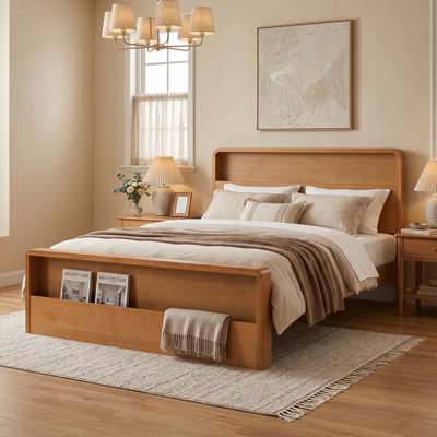 Cadre de lit Queen Size en contreplaqué de pin brun chaud avec tête et pied de lit doubles et rangements