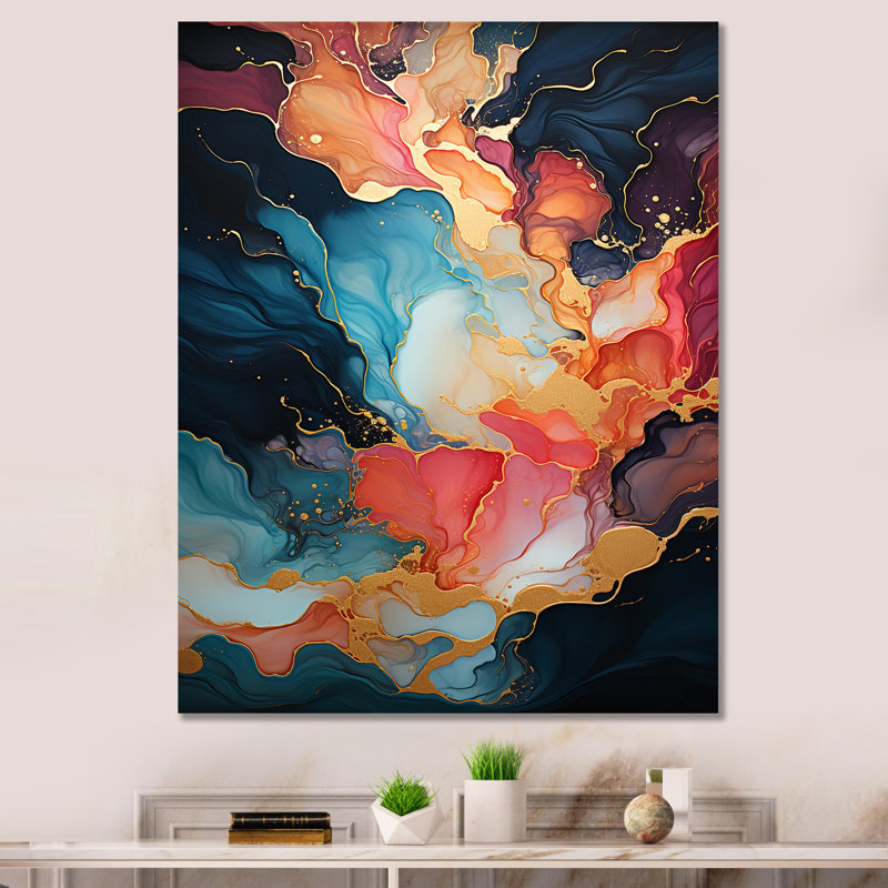 Rose et bleu tourbillonnant, peinture fluide IV - art mural abstrait, Toile tendue, H 60 po x l 40 po
