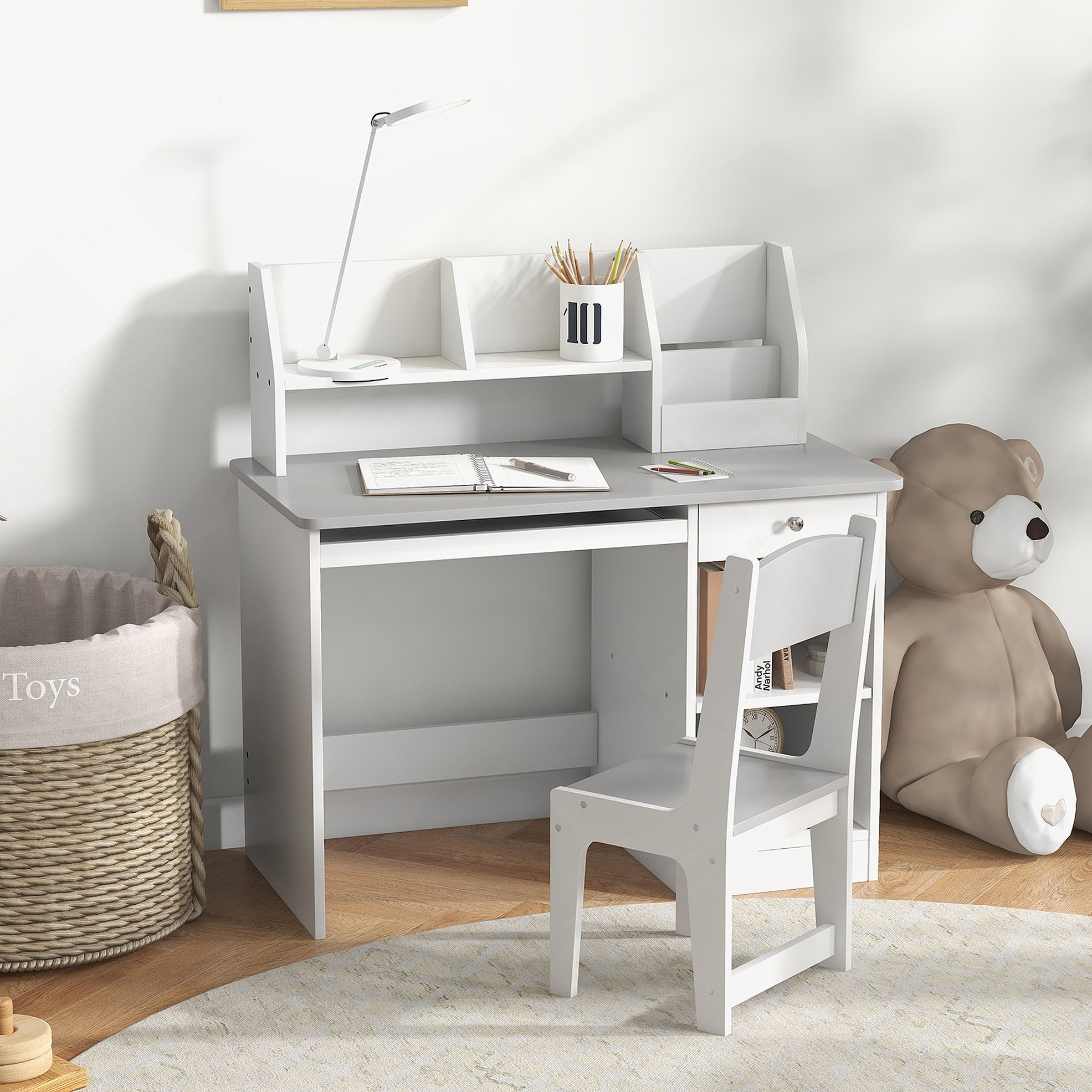 Latitude Run® Qaba Kids Desk And Chair Set With Storage, Study Desk ...