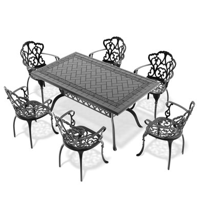7 Cast Aluminum Patio Arrangement, Black - With Cushions For A Pleasant Outdoor Dining Experience Furniture Group In Comfort And Durability