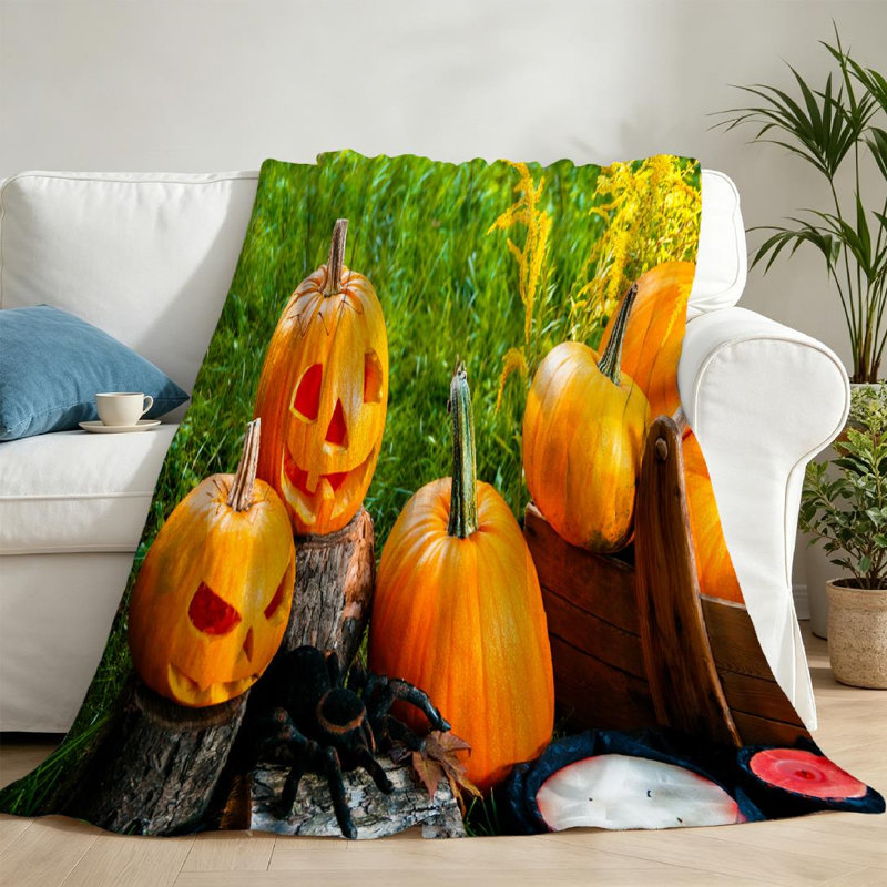 Jeté en flanelle verte ultra douce, imprimé Jack O Lantern Halloween, Jeté 50 po x 60 po