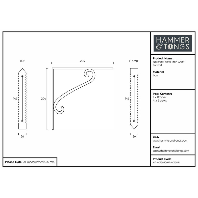 Hammer & Tongs - Notched Scroll Iron Shelf Bracket - D205mm - Black