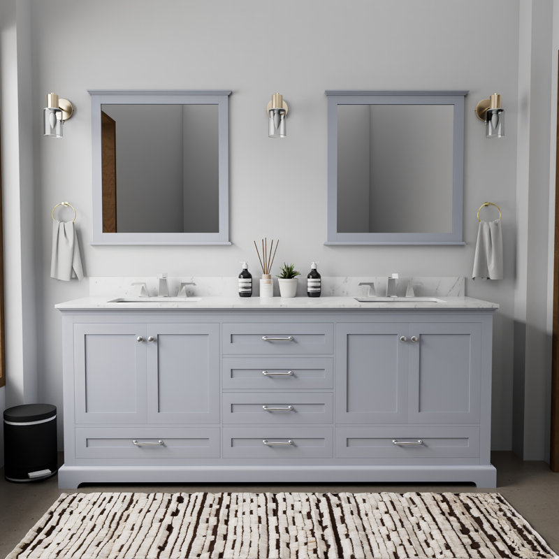 Meuble-lavabo double 80 po, lavabos carrés et miroirs 30 po avec robinets Dukes, Gris foncé, Marbre de Carrare blanc