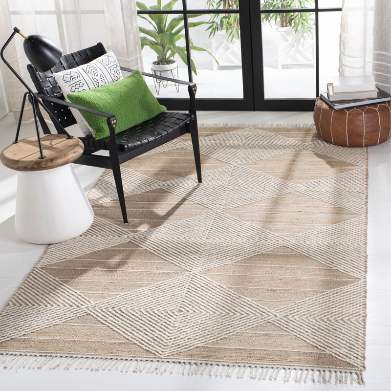 Tapis géométrique en jute et en laine tissé à la main, Rectangle 8 pi x 10 pi