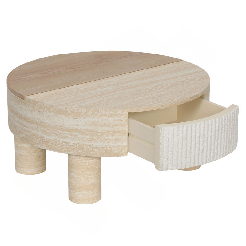 Table basse ronde avec plateau rabattable et compartiment de rangement caché