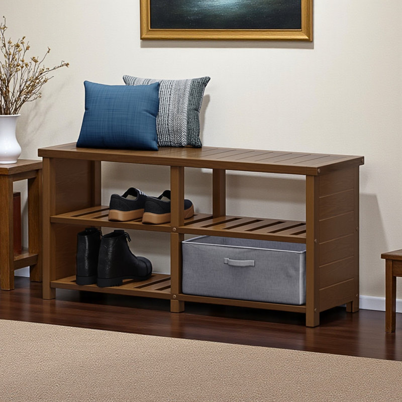 Ashby 2-Tier Shoe Storage Bench, Solid Wood Brown Finish, 18.02'' H X 38.08'' W X 11.50'' D