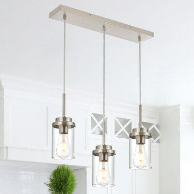 Luminaires suspendus 3 lumières pour la cuisine, luminaire suspendu moderne en nickel brossé avec lustre de ferme réglable à abat-jour en verre transparent pour salle à manger, couloir, bureau de bar.
