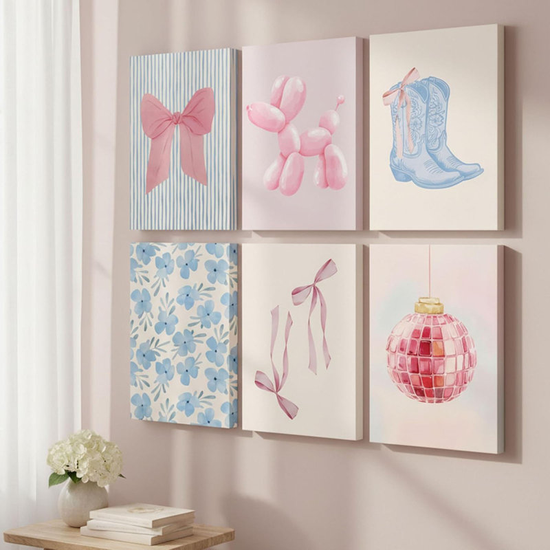 6 pièces d'art mural BCBG rose et bleu, décor de dortoir pour filles à la mode, coquette mignonne, impression d'affiche sur toile, peinture côtière esthétique