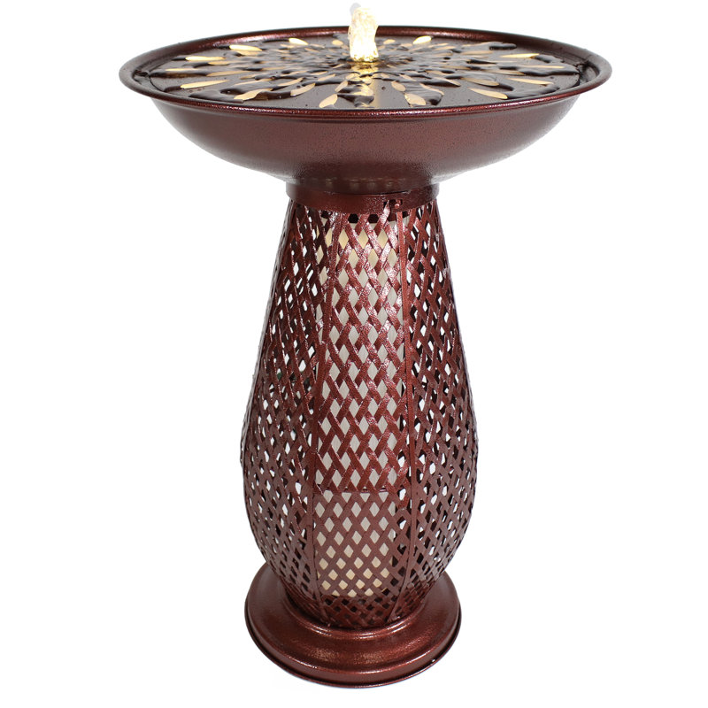 Brown Metal Crosshatch Bird Bath Fountain with LED Lights
