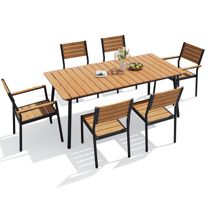 6 - Person Aluminum Patio Dining Set With Stackable Chairs And Umbrella Hole, Brown