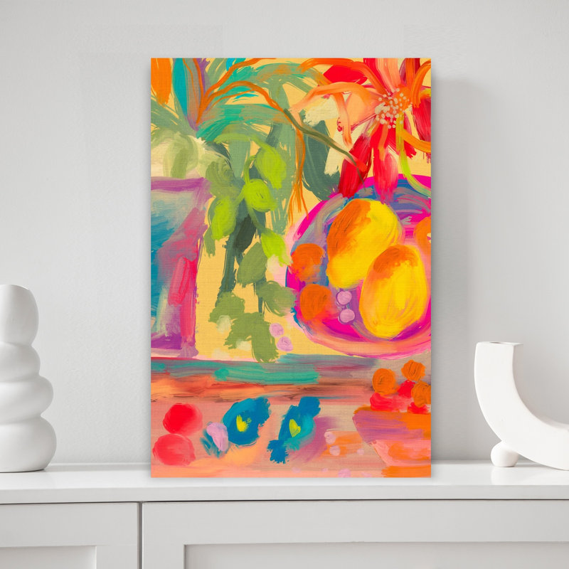 «Vibrant Tropical Still Life», art abstrait de plantes fruitières colorées et audacieuses, H 18 po x l 12 po