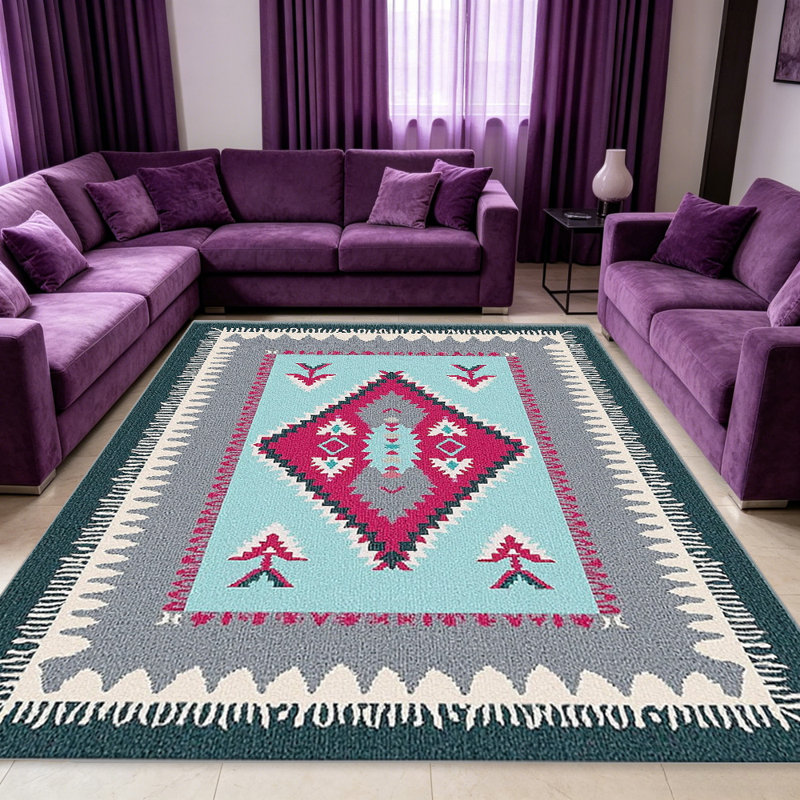Teal Pink Fringe Rug   area rugs for Living Room, Soft and Comfortable, Suitable for all seasons, easy to maintain, machine washable Indoor floor mat, Under Table Farmhouse suitable for Bedroom, Dining Room, Study,  Balcony, Home Decor Patio