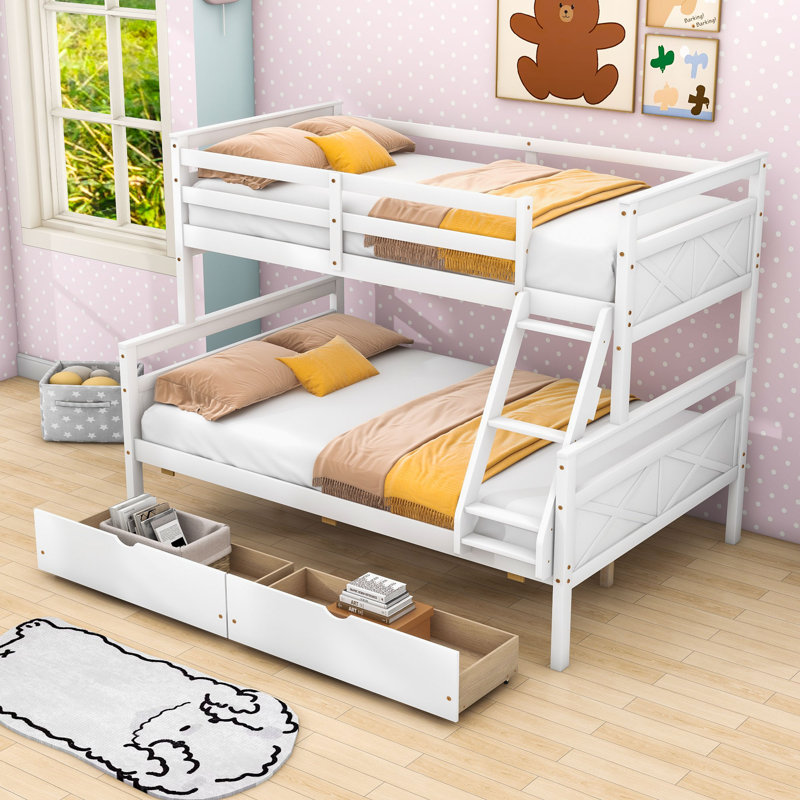 Lit superposé simple au-dessus de 2 tiroirs en bois, Blanc