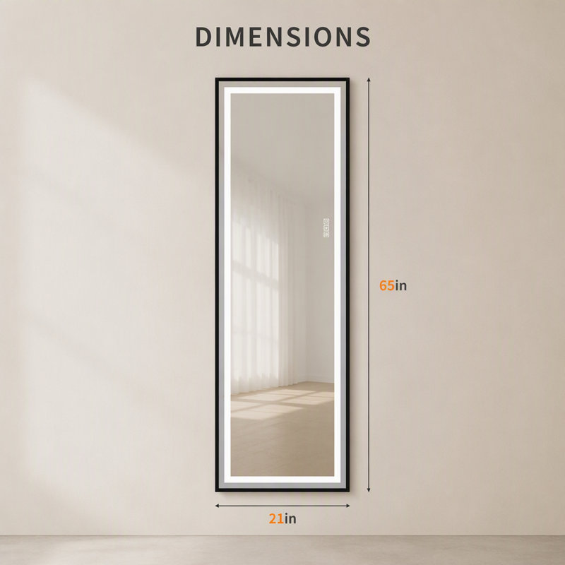Miroir pleine longueur H 65 po x l 21 po à DEL, à intensité variable, à fixation au mur ou mural