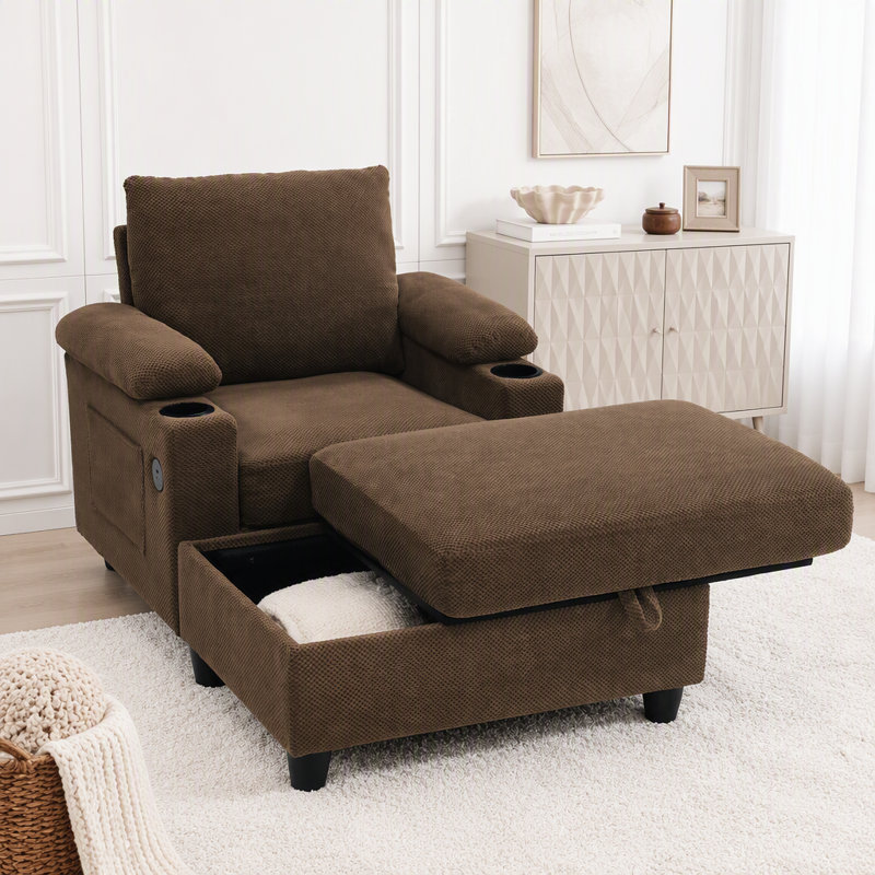 Fauteuil convertible avec repose-pieds, dossier inclinable, porte-gobelets et charge USB, Tissu café