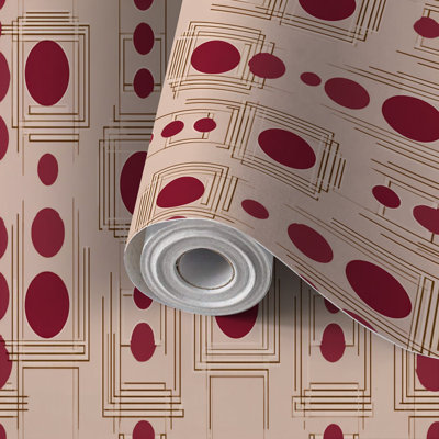 Papier peint adhésif peler et coller en PVC, revêtement mural auto-adhésif amovible avec motif géométrique abstrait de cercles bourgogne et beige, imperméable pour la décoration intérieure - rouleau