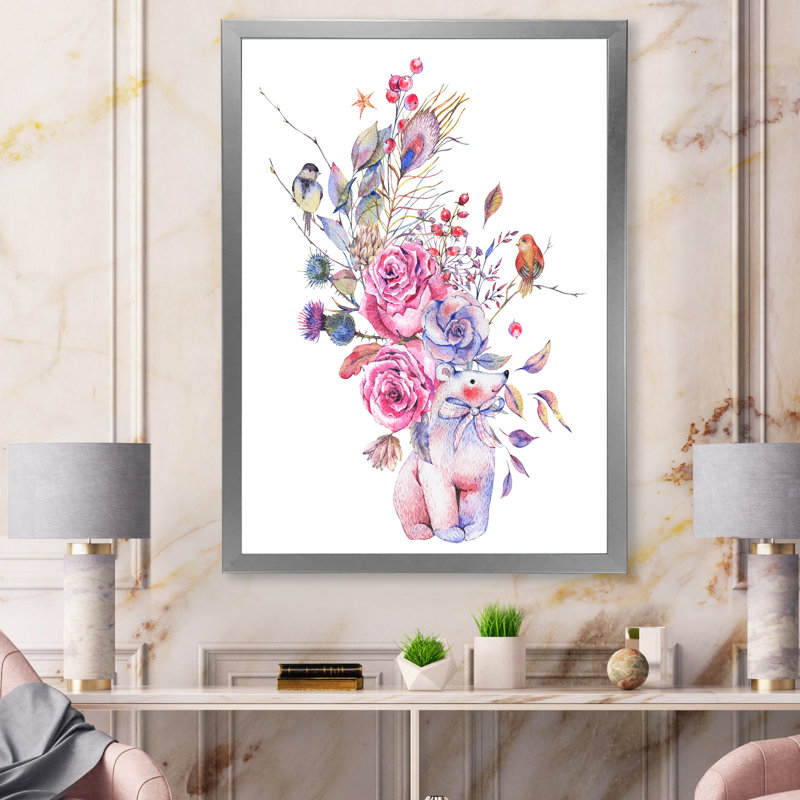 Ours polaire bleu et rose - Bouquet de fleurs - peinture sur toile, H 44 po x l 34 po