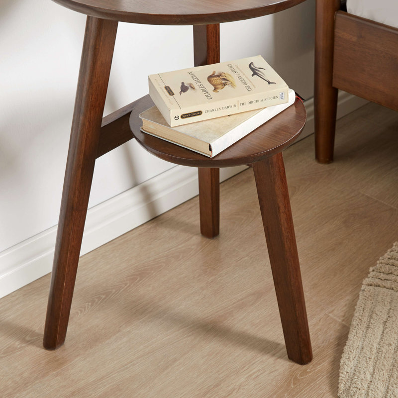 Table d'appoint 100% bois massif à 2 niveaux Table d'appoint de salon, table de chevet, table de bout ronde en bois massif, petite table d'appoint à 2 niveaux avec tablette de rangement inférieure