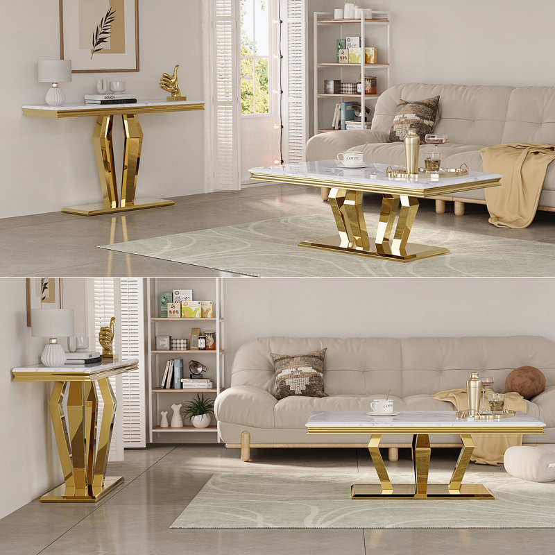 Luxurious Coffee Table And Console Table, 2-Piece White And Gold Living Room Table Set With Diamond-Shaped Base