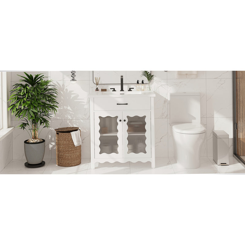 Meuble-lavabo 31 po avec verre trempé, blanc, Blanc