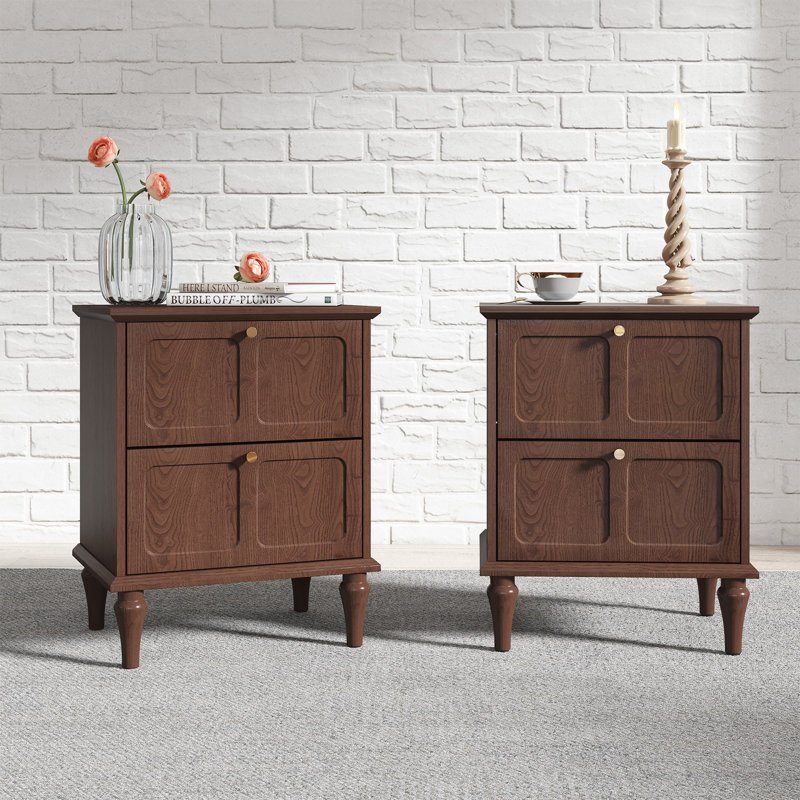 Mid-Century Modern Nightstand with Draws（set of 2）, Brown
