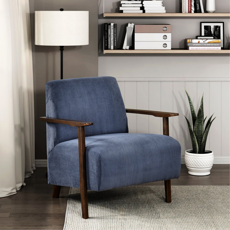Chaise d'appoint contemporaine bleue, bois massif et contreplaqué avec assise en velours côtelé moderne, structure pour l'espace de vie