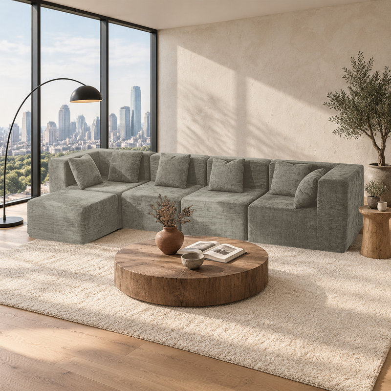 Canapé modulaire en chenille désossé de 130 po avec repose-pieds Horgan, canapé modulaire en mousse à compression, siège profond sans assemblage