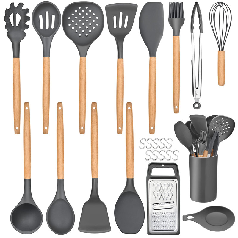 Kitchen Utensils Set,  25 Pieces Soft Silicone Cooking Utensil Set With Holder, Natural Wooden Handle Kitchen Spatula Spoon For Cooking Baking, Non Stick & Heat Resistant,