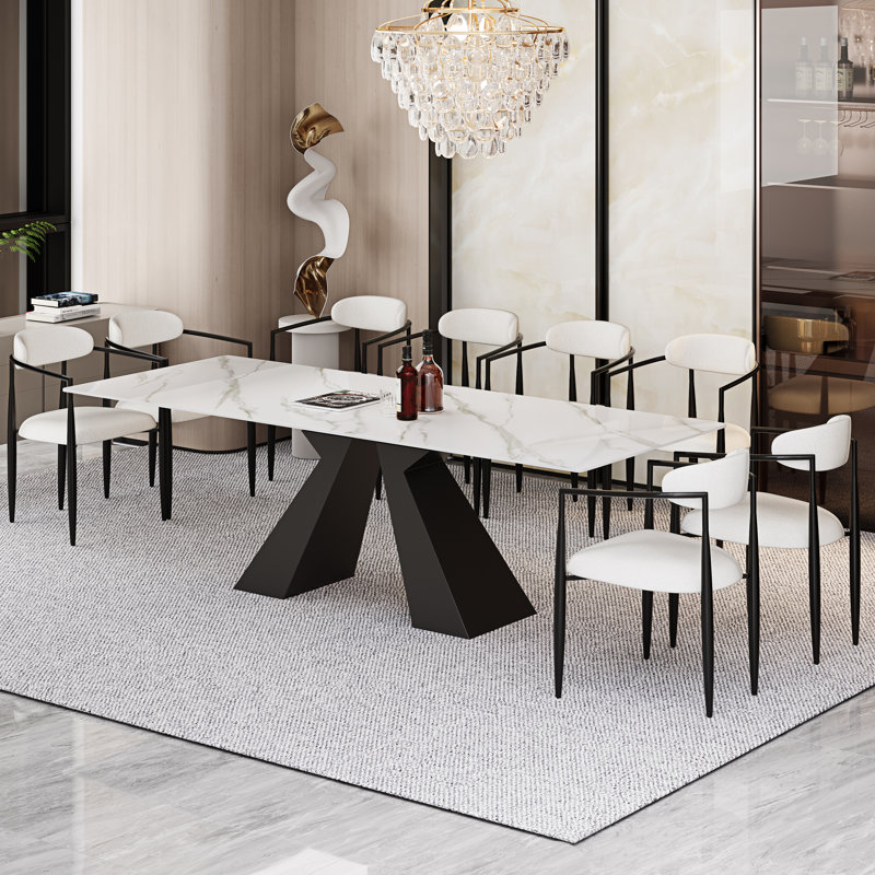Chinguun 9 - Piece Dining Table Set With 94.5'' Extendable Sintered Stone Dining Table And 8 Fabric Chairs, White/Black