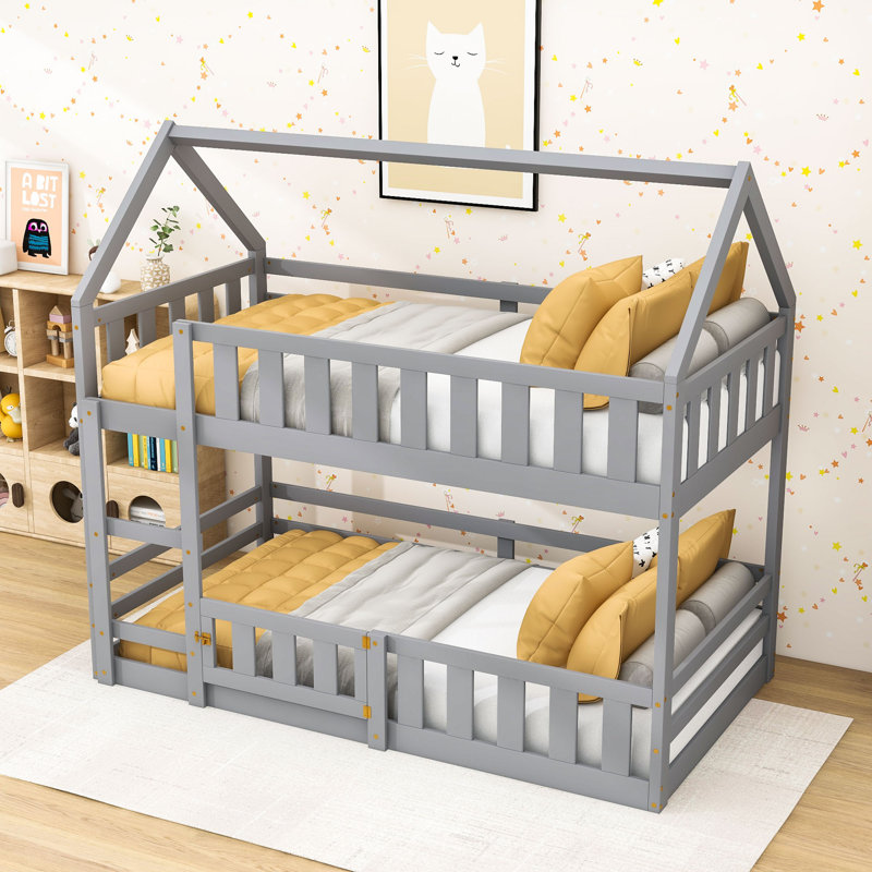 Lit simple superposé simple en bois avec échelle, Gris