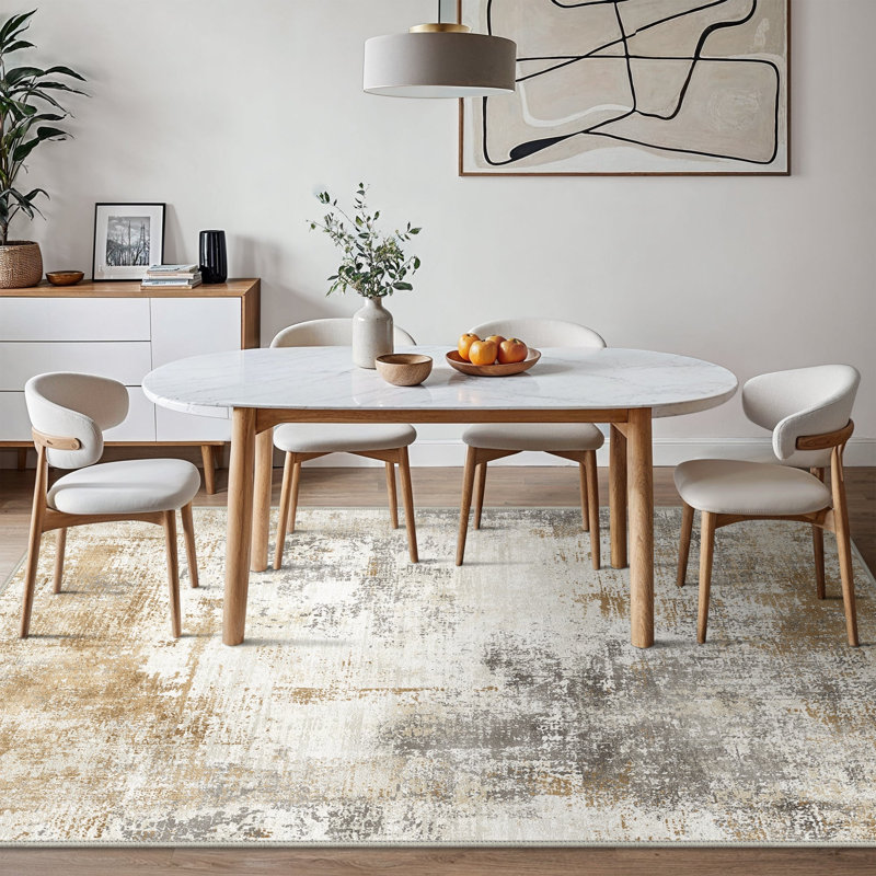 Abstract Machine Printed Area Rug, Rectangle 200 x 290 cm, Gold/Grey/Ivory
