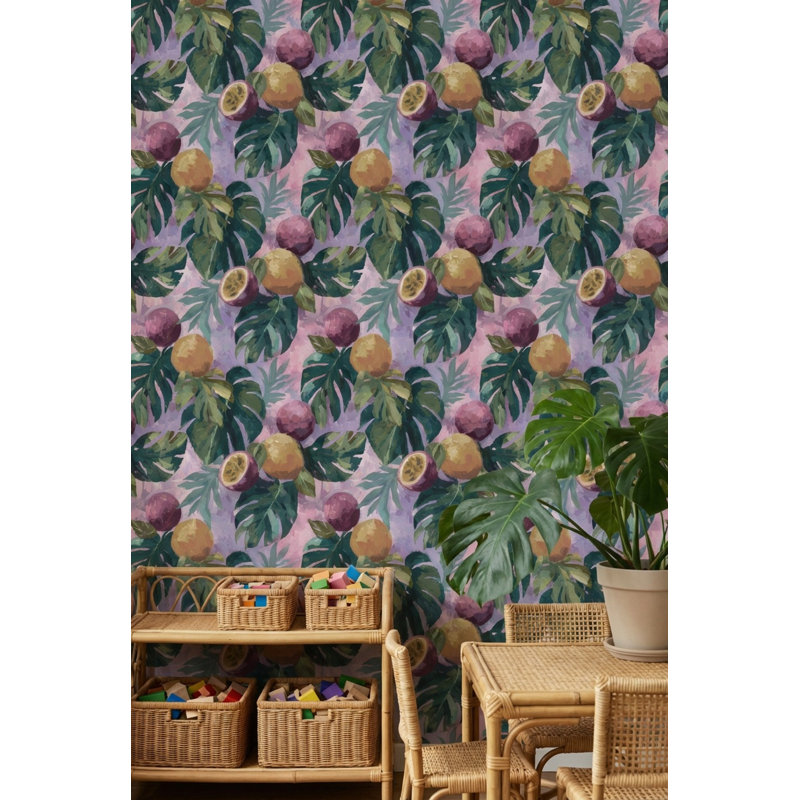Papier peint tropical avec feuilles de fruits et feuilles décoratives, Peler et coller