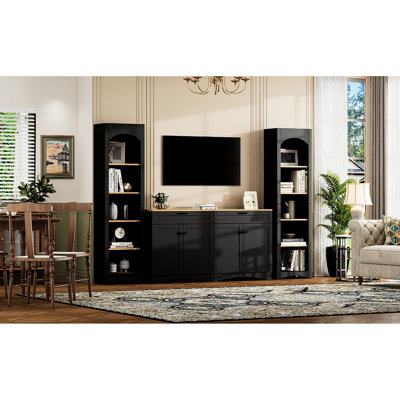 Meuble audio-vidéo Adroid de style Mid-Century avec charme rustique, meuble de rangement pour téléviseur de 70 po, meuble télé avec tablettes et bibliothèque réglables, buffet de salon