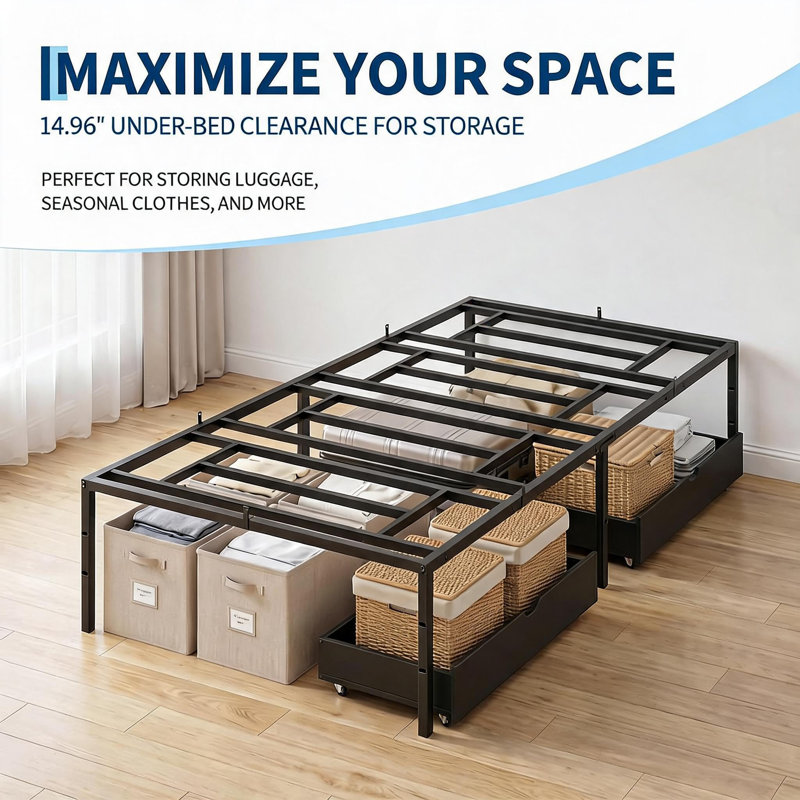 Twin Size Platform Bed, Heavy Duty Metal Bed Frame with Underbed Storage