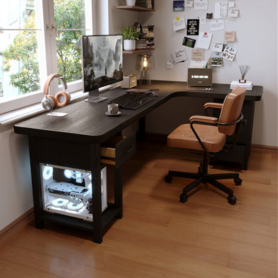 Black L-Shaped Solid Wood with 4 drawers Executive Desk