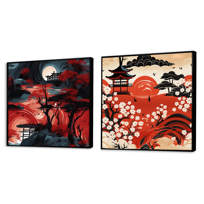 Red Torii Gate, motif japonais - paysages abstraits carrés, ensemble de 2 collages, Cadre flottant noir, H 30 po x l 61 po