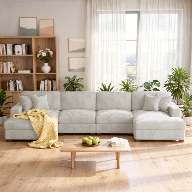 4 - Piece Upholstered Offehite Chenille Modular Sectional Sofa with Armrests & Throw Pillows, Off White Chenille