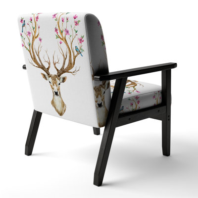 'Firaz - Deer With Blossoming Flower In Antlers - Upholstered Traditional Accent Arm Chair