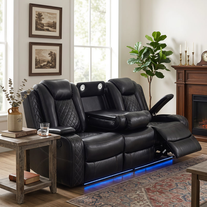Causeuse inclinable électrique noire intelligente, canapé double inclinable en similicuir respirant avec chargement USB, seau de rangement, porte-gobelets et éclairage DEL ambiant
