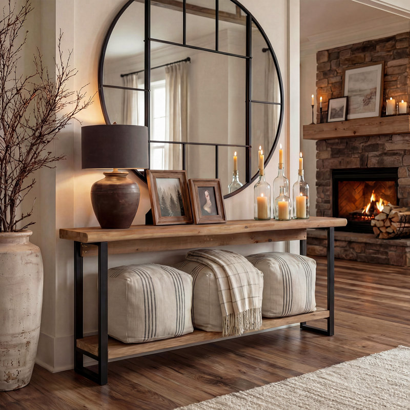 Ensemble de console et de table d'appoint en bois massif à bords vifs, ensemble de salon de ferme avec 1 console d'entrée et 2 tables d'appoint
