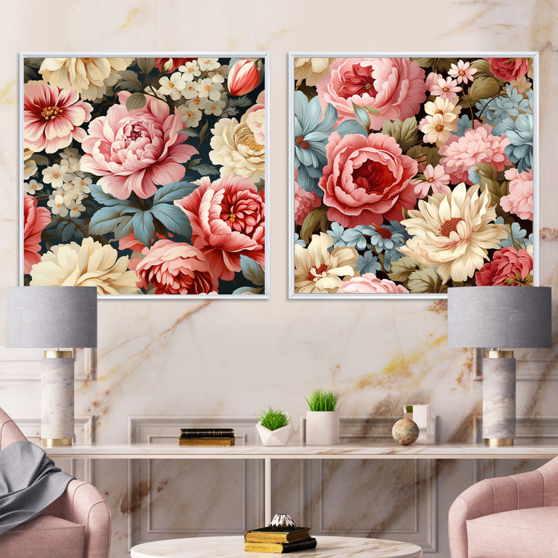 Camak - ensemble de 2 collages carrés floraux, H 16 po x l 33 po, Cadre flottant blanc