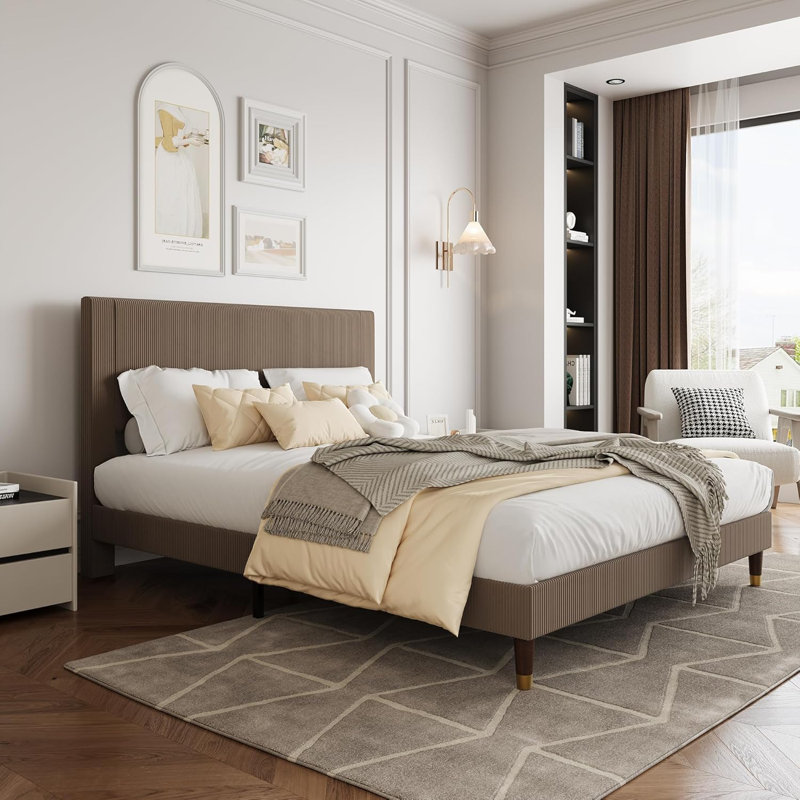 Queen Bed Frame – Corduroy Upholstered, Noise-Free, Brown, No Box Spring Needed, Queen, Brown